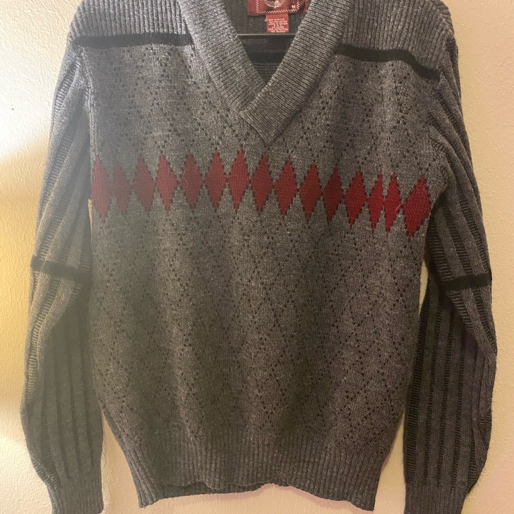 Men’s True Vintage Eaglepoint V Neck Argyle Grey/Red sweater SzMedium 80’s/90’s